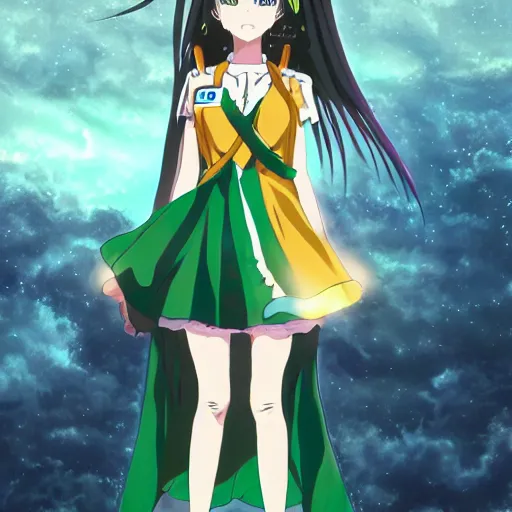 Prompt: an anime girl wearing a dress that looks like earth, mother nature character design, anime key visual