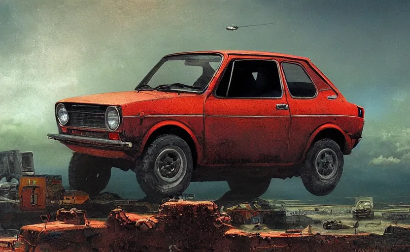Prompt: red fiat 1 2 7 car in a post - apocalyptic landscape, dramatic sci - fi painting, highly detailed, dystopian, low angle view, by tim white, by earl norem