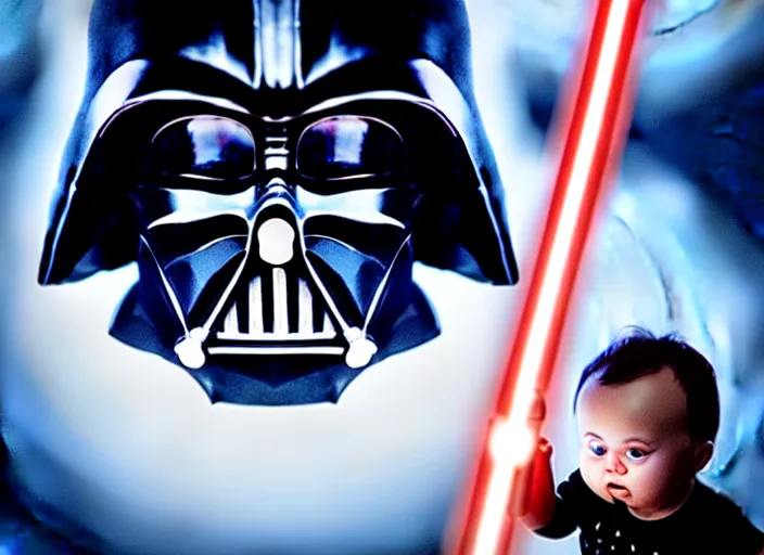 Image similar to hyperrealistic mixed media portrait of darth vader with lightsaber drawn facing off against a cute baby, stunning 3d render inspired art by P. Craig Russell and Barry Windsor-Smith + perfect facial symmetry + dim volumetric lighting, 8k octane beautifully detailed render, post-processing, extremely hyperdetailed, intricate futuristic mechanic parts, epic composition, grim yet sparkling atmosphere, cinematic lighting + masterpiece, trending on artstation