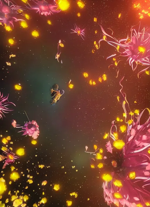 Image similar to An epic fantastic realism comic book style painting of the most beautiful spinning flowers floating into the dark and starry cosmos, exquisite bouquets, fisheye, a star implodes, unreal 5, DAZ, hyperrealistic, octane render, dynamic lighting