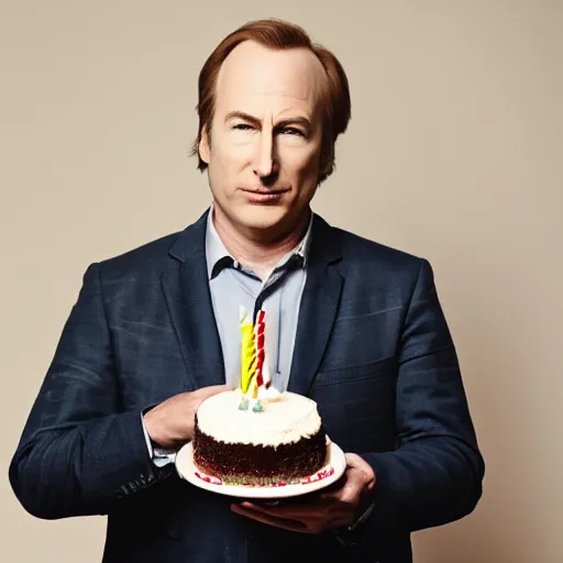 Image similar to bob odenkirk, holding a birthday cake, studio photograph, cinematic lighting