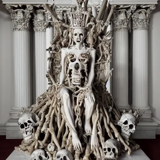 Prompt: a full figure marble sculpture of the queen of bones, detailed face, full figure, crown of skulls, sitting on a throne of bones, by michaelangelo, high detail, hard lighting, 4 k