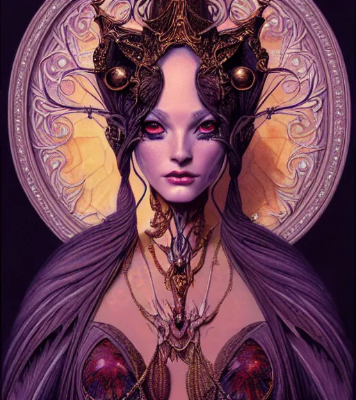 Image similar to symmetrical portrait, a beautiful female sorceress in dress, pretty, detailed and intricate, perfect body shape, perfect face, hypermaximalist, elegant, ornate, luxury, elite, matte painting, cinematic lighting, james jean, brian froud, wayne barlowe