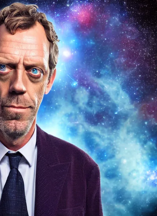 Image similar to dslr photo portrait still of hugh laurie as doctor who in front of a nebula through the open door of the tardis, 8 k, 8 5 mm f 1. 4