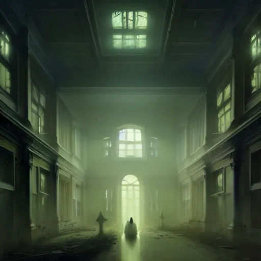 Image similar to psychiatric hospital asylum, horror scene, eerie atmosphere, by greg rutkowski and gaston bussiere, fluorescent lighting, beautiful volumetric - lighting - style atmosphere, futuristic atmosphere, intricate, detailed, photorealistic imagery, artstation