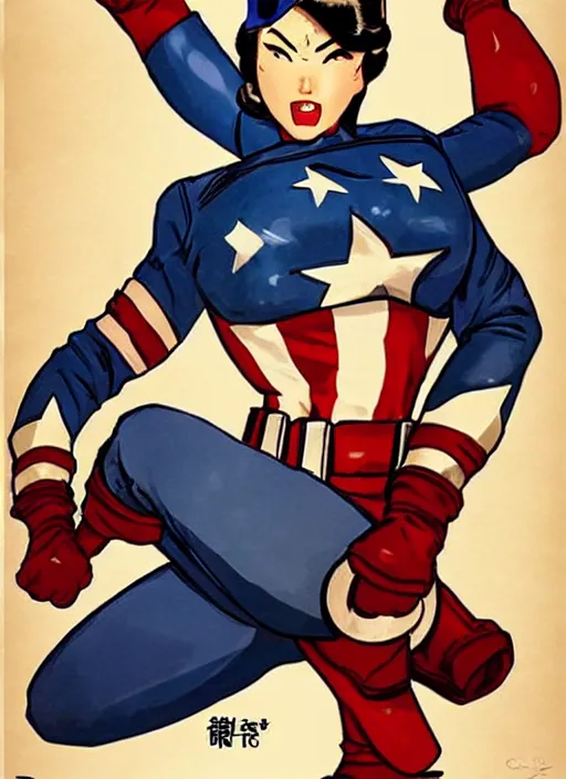 Image similar to asian female captain america standing on a pile of defeated ss soldiers. feminist captain america wins ww 2. american ww 2 propaganda poster by masamune shirow and pixar. gorgeous face. pin up. overwatch.