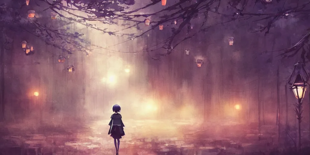 Prompt: anime, incredible wide screenshot, ultrawide, watercolor, paper texture, intricate, very detailed, ghost in the shell movie scene, girl in a dress walking the beautiful forest town, lanterns, wood bridges, night outdoors, fireflies, fog, dust