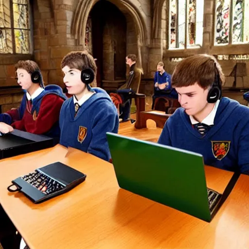 Prompt: Photo of student wizards using a computer in Hogwarts