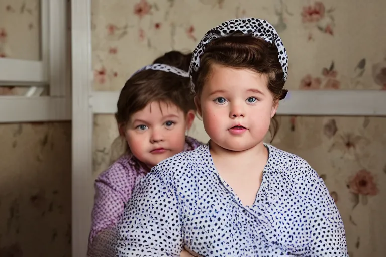 Prompt: charming and chubby family, wearing a polka dot cloths and a victorian - style hairdo on her head, sits in the large and bright studio. sunlight enters through the barred window. very realistic shiny skin. subsurface scattering shiny skin. beautiful lighting, 4 k post - processing, highly detailed, 5 k extremely detailed, 3 d. cinematic scene.
