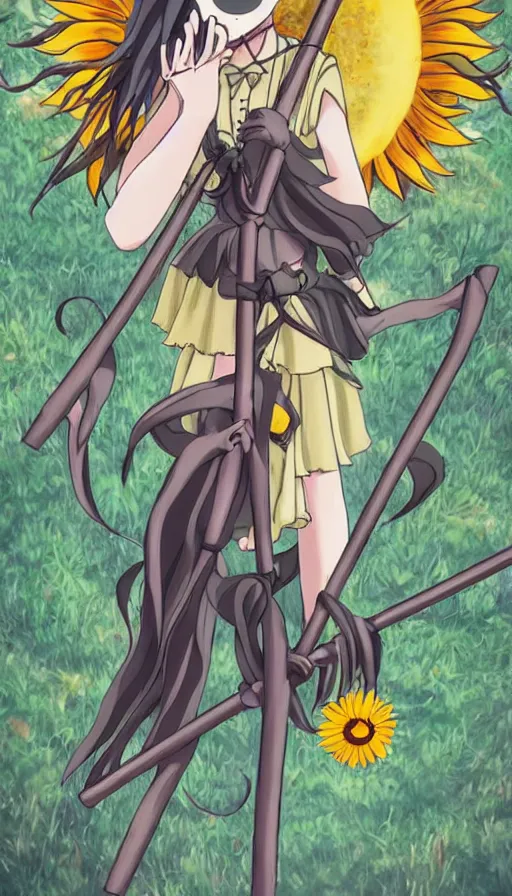 Image similar to the being death as a cute anime girl with a giant cute sun flower scythe from a studio ghibli film inspired by the death tarot card, dark ambiance