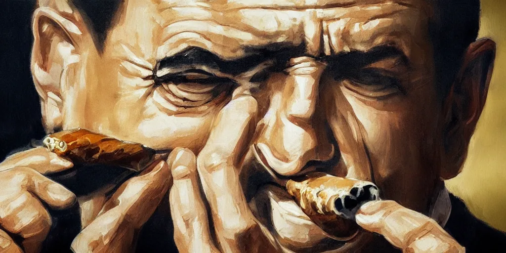 Prompt: abstract oil matte portrait painting, mafia boss smoking a cigar at his 5 0 s new york office desk, wonderful masterpiece highly detailed, beautiful cinematic light deep focus, elegant, digital painting, smooth, sharp focus, golden ratio, dramatic illumination, ultra realistic, 8 k, art by jimmy law