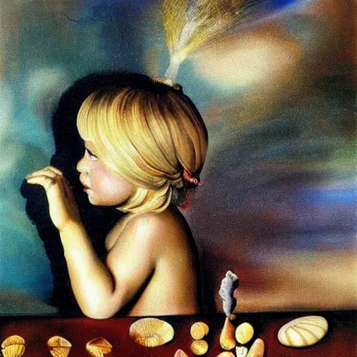 Image similar to A 2 year old girl playing with small abalone shells, blond hair. Painting by Salvador Dali