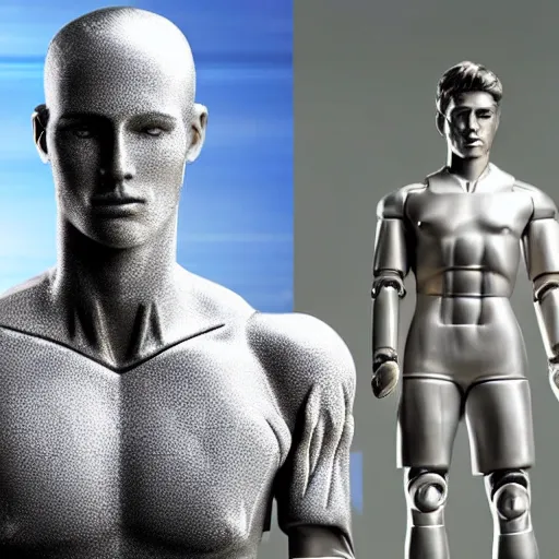 Image similar to a realistic detailed photo of a guy who is an attractive humanoid who is half robot and half humanoid, who is a male android, attractive and handsome soccer players, shiny skin, posing like a statue, blank stare, in a factory, on display, showing off his muscles, gold soccer shorts, side view, looking at each other mindlessly