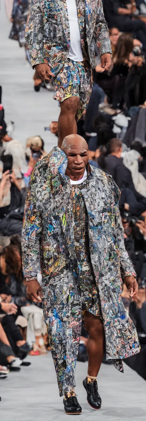 Image similar to hyperrealistic and heavy detailed 2321s runway show of mike tyson , Leica SL2 50mm, vivid color, high quality, high textured