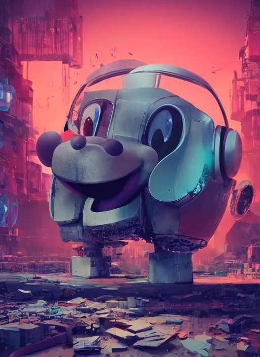 Image similar to giant destroyed head of robotic mickey mouse surrounded by engineers, inside of abandoned netflix office, cyberpunk, by beeple, dystopia, golden ratio, octane render, redshift, trending on artstation, 8 k