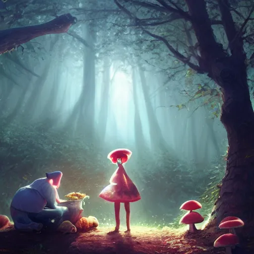 Image similar to a cute picnic in a mushroom forest. dramatic lighting, cgsociety masterpiece, artstation trending, greg rutkowski, 4k, digital art, concept art