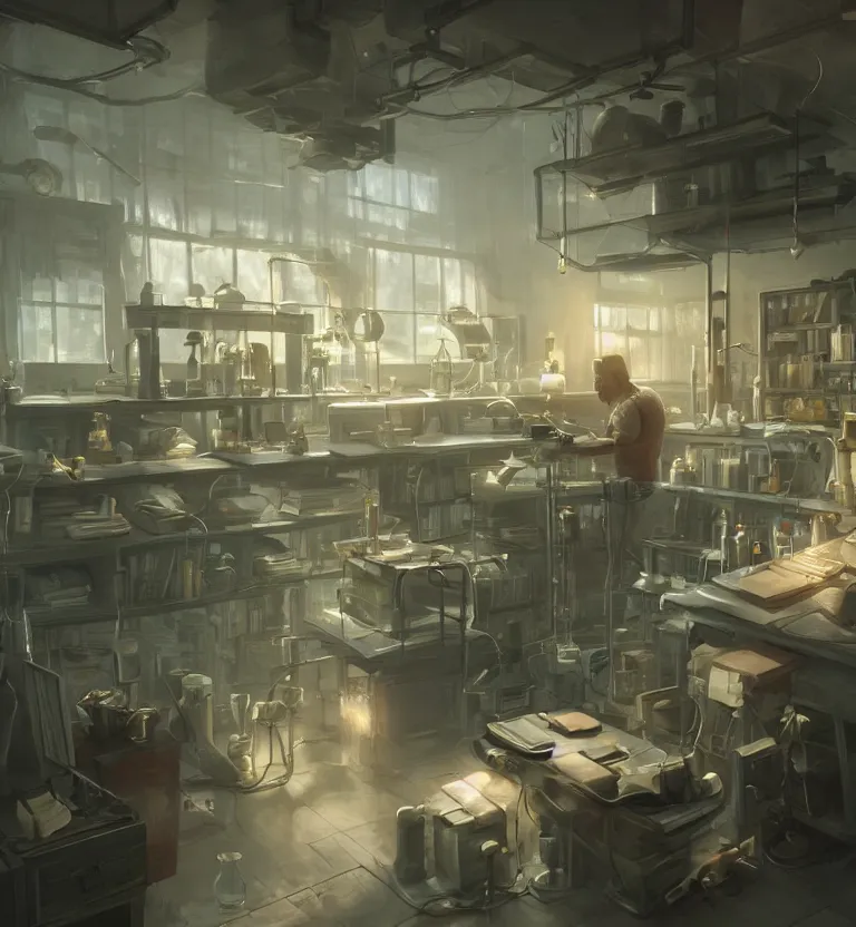 Image similar to a scientists in his lab while bodybuilding unreal render cinematic lighting art by bussiere rutkowski andreas rocha