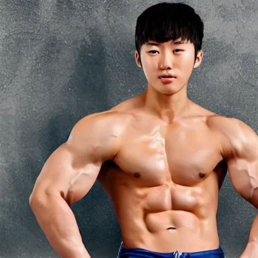 Image similar to a blond korean 2 0 year old man with large muscles and abs