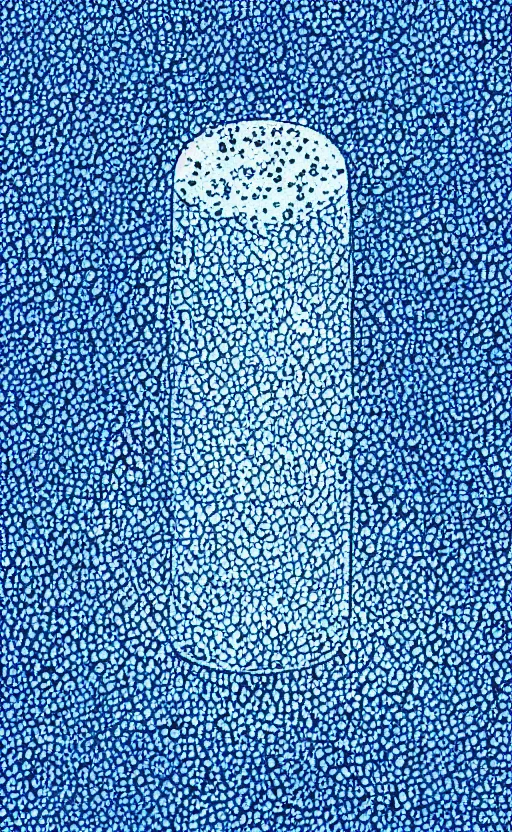 Image similar to still life of a lava lamp on a table, stipple art, in shades of blue and white, minimalist, grainy, high - contrast