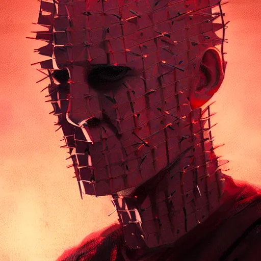 Prompt: portrait of pinhead hellraiser , red light, by Greg Rutkowski , 8k, photorealistic, cinematic lighting, HD, high details, dramatic, atmospheric , trending on artstation