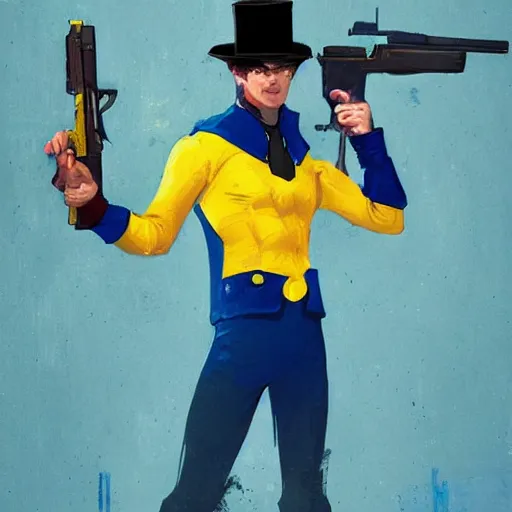 Image similar to superhero with tophat and a rifle in blue and yellow clothes, digital art, trending on artstation, by greg rutkowski