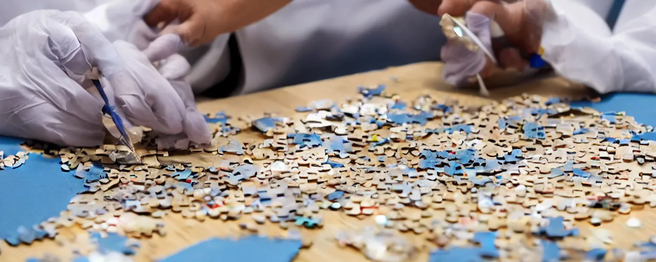 Prompt: a surgeon using a scalpel on a jigsaw puzzle on a table