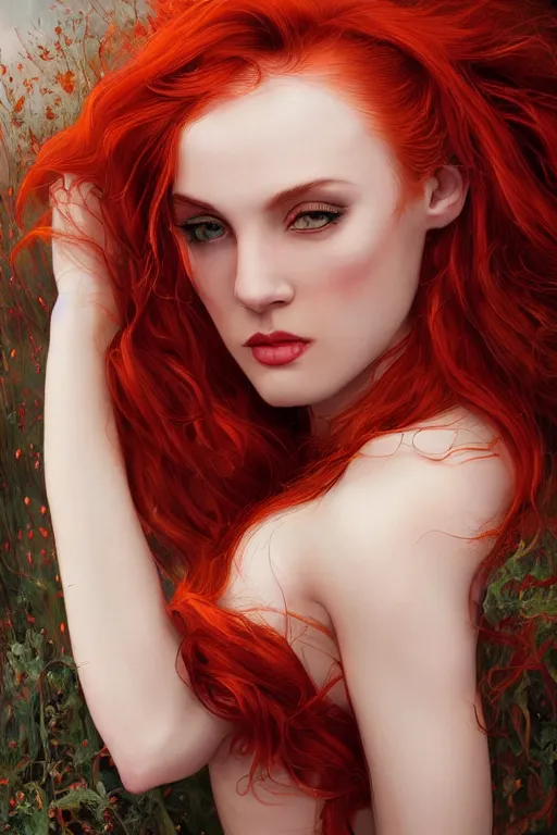 Prompt: a beautiful young woman with red hair, fantasy, intricate, elegant, dramatic lighting, highly detailed, lifelike, photorealistic, digital painting, artstation, beautiful woman, gorgeous face, sexy gown, illustration, concept art, smooth, sharp focus, art by John Collier and Albert Aublet and Krenz Cushart and Artem Demura and Alphonse Mucha