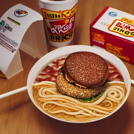 Prompt: burger king branded ramen. photography. food photoshoot. advertisment photography. 4 k. realistic.