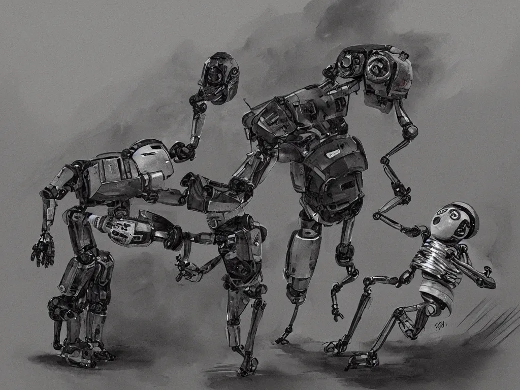 Image similar to a robot is killing a man, by martina fackova.