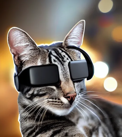 Image similar to a 4 k photorealistic photo of a cat wearing a vr headset on its head