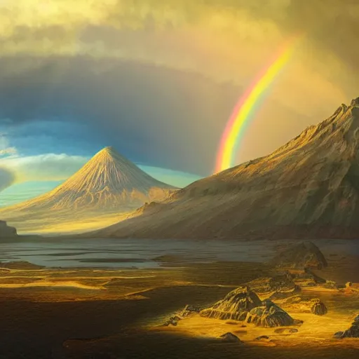 Image similar to a detailed matte painting of noah's ark landing on mount ararat, double rainbow in a clear blue sky, art by dan mumford and yusuke murata and makoto shinkai and ross tran, cosmic, heavenly, god rays, intricate detail, cinematic, 8 k, cel shaded, unreal engine, featured on artstation, pixiv