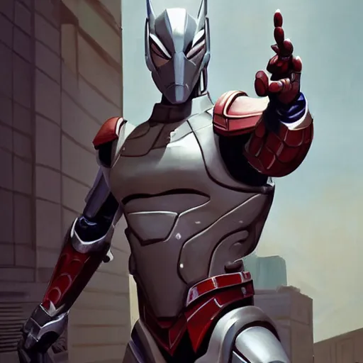 Image similar to greg manchess portrait painting of armored spiderman ultraman grey fox from metal gear cyborg gay japanese - american hybrid as overwatch character, medium shot, asymmetrical, profile picture, organic painting, sunny day, matte painting, bold shapes, hard edges, street art, trending on artstation, by huang guangjian and ail elvgren and sachin teng