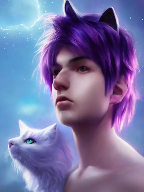 Image similar to Portrait art of a young man with purple hair and cat ears floating on a cloud, 8k, ultra realistic , lens flare, atmosphere, glow, detailed, intricate, full of colour, cinematic lighting, trending on artstation, 4k, hyperrealistic, focused, extreme details, unreal engine 5, cinematic, masterpiece