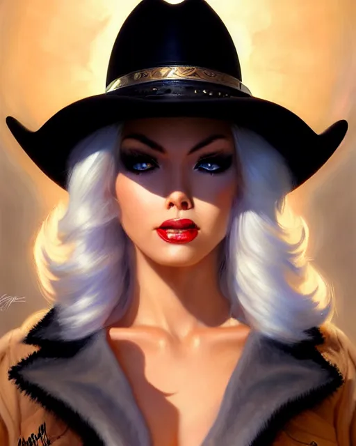 Prompt: ashe from overwatch, white hair, black cowboy hat, character portrait, portrait, close up, highly detailed, intricate detail, amazing detail, sharp focus, vintage fantasy art, vintage sci - fi art, radiant light, caustics, by boris vallejo