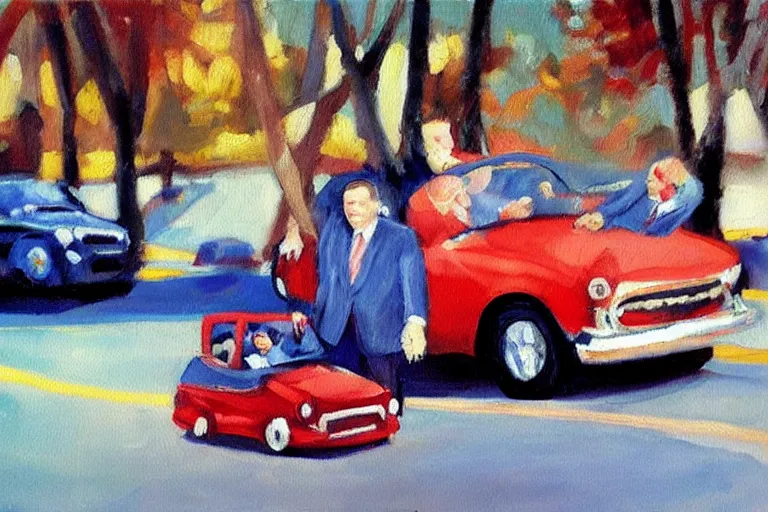 Prompt: “An oil painting of Richard Nixon driving a miniature clown car”