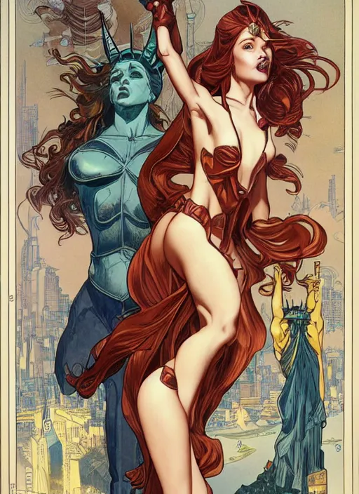 Image similar to slim young april with a mischievous face and long chesnut wavy hair dressed as a superhero in her early twenties, posing with her arms tucked behind her back, lady liberty, tight fit, curvaceous, intricate detailed face, shiny, art by joshua middleton and greg rutkowski and alphonse mucha