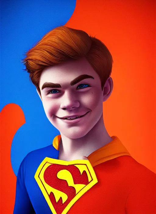 Image similar to friendly teenage archie andrews wearing an orange superhero costume with heart logo, heart, freckles, blue cape, heart emblem on chest, blue cape, intricate, elegant, glowing lights, highly detailed, digital painting, artstation, sharp focus, illustration, art by wlop, mars ravelo and greg rutkowski