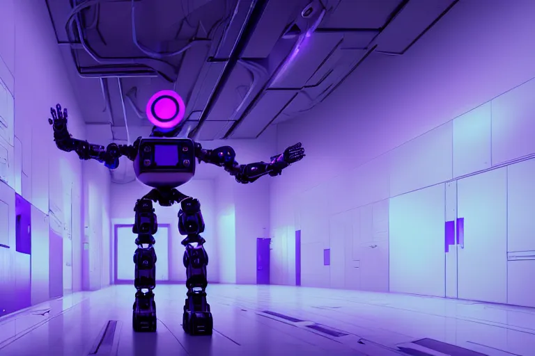 Image similar to humanoid robot in a server room, purple and blue color scheme, dan mumford, inception, blade runner, the fifth element, fisheye, volumetric octane render, by ruan jia and ross tran, malevich