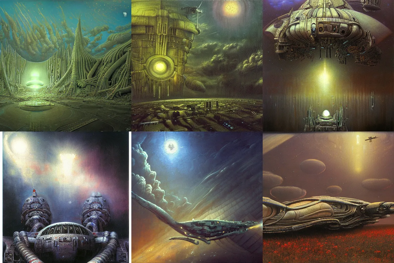 Prompt: detailed painting of a spaceship by hr giger, exterior, floral ornaments, volumetrics lights, beam of bright lights through the clouds, beksinski
