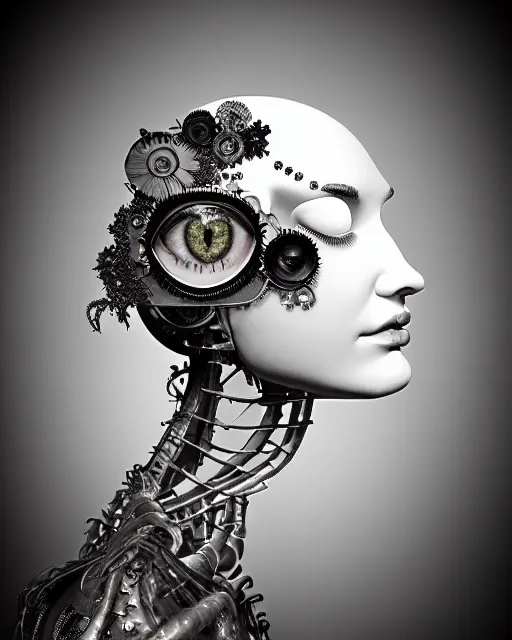 Image similar to black and white dreamy foggy smoky profile face portrait, one silver steampunk realistic eye biomechanical beautiful young female cyclope - cyborg - robot bust, body ribs meshes,, volumetric light, hibiscus flowers, by hg giger, rim light, by dora maar and cecile beaton, big gothic fashion pearl embroidered collar, 8 k