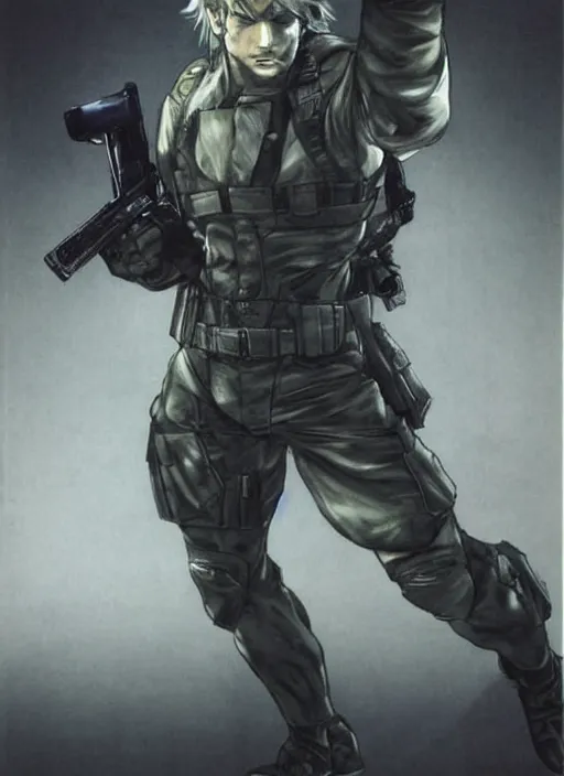 Image similar to solid snake full body portrait by yoshitaka amano, final fantasy, cover art