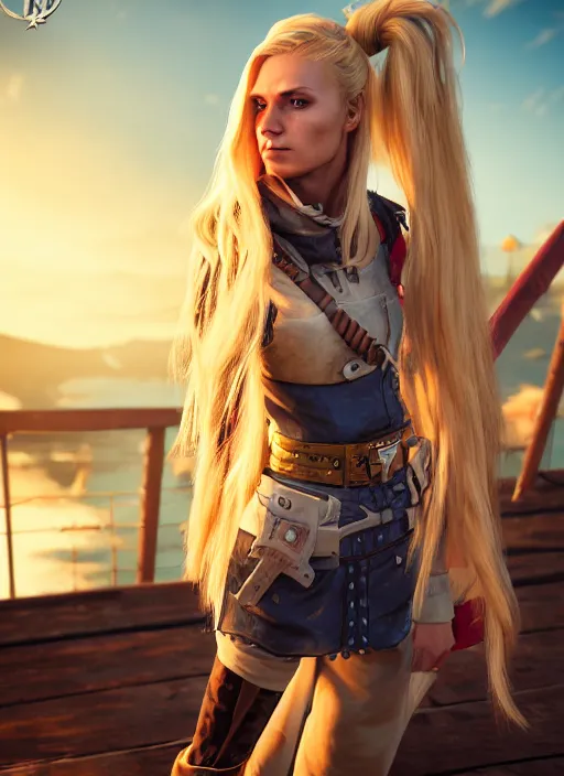 Prompt: An epic fantasy comic book style portrait painting of tall blonde haired female sky-pirate with a serious face and a pony tail in front of a metal gangplank, unreal 5, DAZ, hyperrealistic, octane render, cosplay, RPG portrait, dynamic lighting