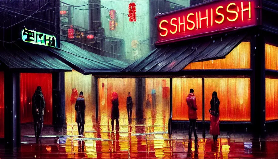 Image similar to oil painting of a neon sign storefront sushi restaurant, raining, busy street, cyberpunk, romantisism, outrun, synthwave, painting, detailed, by katia chausheva and android jones