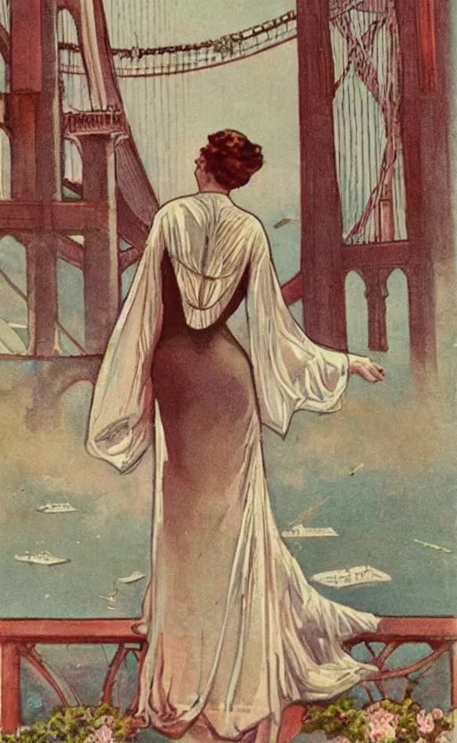 Image similar to art nouveau! style, woman overlooking, golden gate bridge! first pillar!!! in the background, early 1 9 0 0 s!!