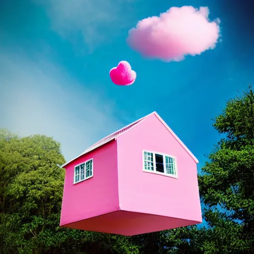 Image similar to dream a 5 0 mm lens photograph of a cute pink floating modern house, floating in the air between clouds, inspired by the movie up, held up from above by heart ballons. mist, playful composition canon, nikon, award winning, photo of the year