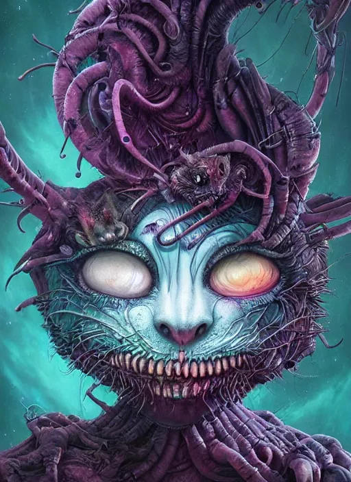 Image similar to cheshire cat, alien, highly detailed, cinematic, 8 k, by megan duncanson, benjamin lacombe, adrian borda, stanley artgermm, tom bagshaw, craig mullins, carne griffiths, ayami kojima, beksinski, giger, trending on deviantart, hyper detailed, horror, full of colour