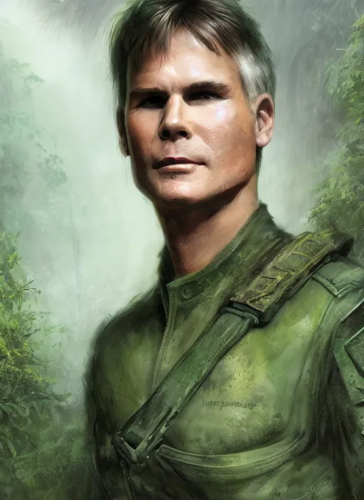 Image similar to portrait of a young richard dean anderson wearing a green combat uniform, in a post appocalyptic city overgrown by plants, by wlop, by luis royo, by greg rutkowski, cover illustration, concept art, volumetric lighting, volumetric atmosphere, sharp focus, octane render, trending on artstation, 8 k