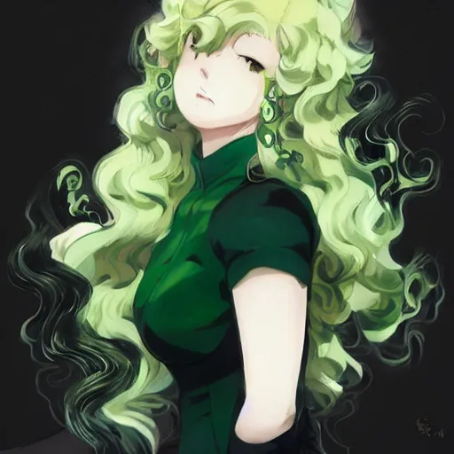 Image similar to tatsumaki from one punch man, green wavy hair, black dress, fine details, sharp focus, intricate, by cushart krenz, by makoto shinkai, by wlop, by artgerm