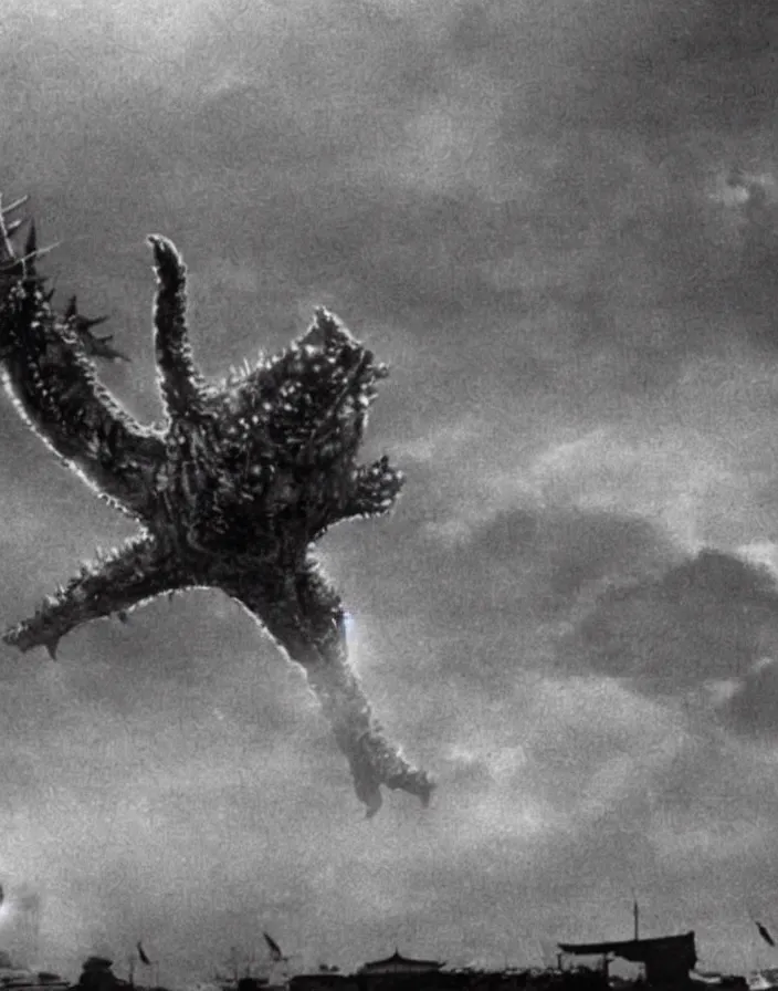 Image similar to a filmstill of a north korean monster movie, kaiju - eiga monster with starfish - arms trampling a traditional korean palace, foggy, film noir, epic battle, etheral, explosions, communist propaganda, communist epic thriller produced by kim jong - il, cinematography by akira kurosawa and tim burton, video compression