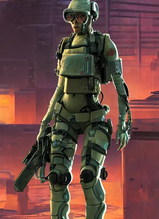 Image similar to Dinah. USN special forces futuristic recon operator, cyberpunk military hazmat exo-suit, on patrol in the Australian autonomous zone, deserted city skyline. 2087. Concept art by James Gurney and Alphonso Mucha. (Metal Gear Solid 6, rb6s)